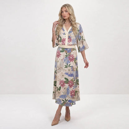 Likemychoice 2026 Women's Elegant Satin Floral Print 2-Piece Suit: V-Neck Button-Down Top and Midi Skirt Ensemble