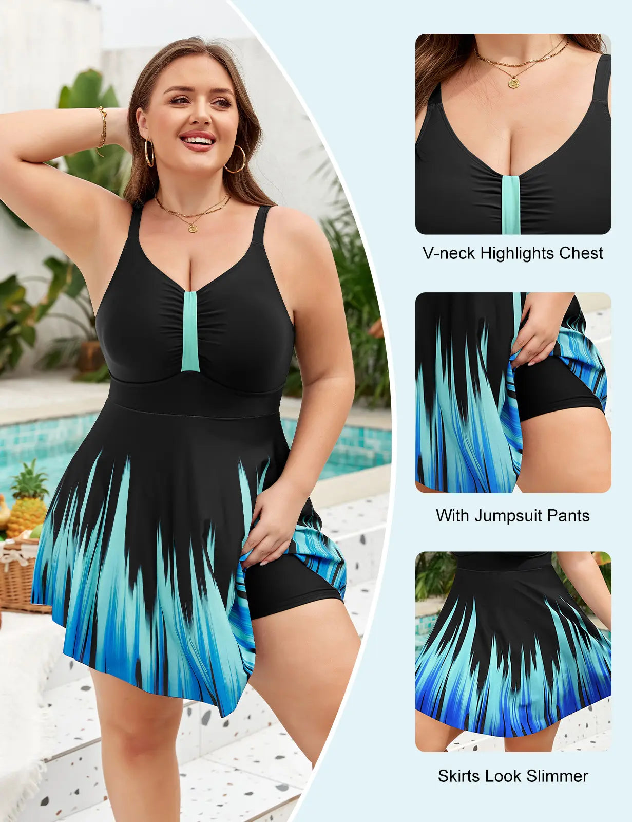 UMIPUBO Women's Plus Size Retro One-Piece Swimsuit with Skirt, Push-Up V-Neck and Ruffle Details, Includes Shorts for Summer Swimwear