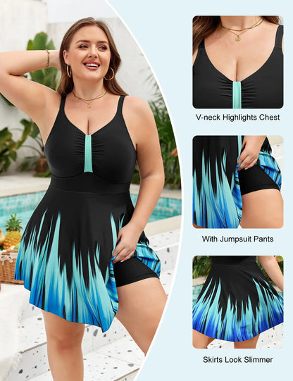 UMIPUBO Women's Plus Size Retro One-Piece Swimsuit with Skirt, Push-Up V-Neck and Ruffle Details, Includes Shorts for Summer Swimwear