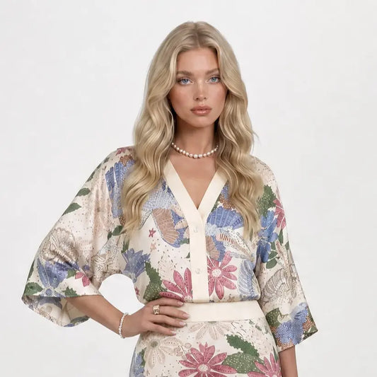 Likemychoice 2026 Women's Elegant Satin Floral Print 2-Piece Suit: V-Neck Button-Down Top and Midi Skirt Ensemble