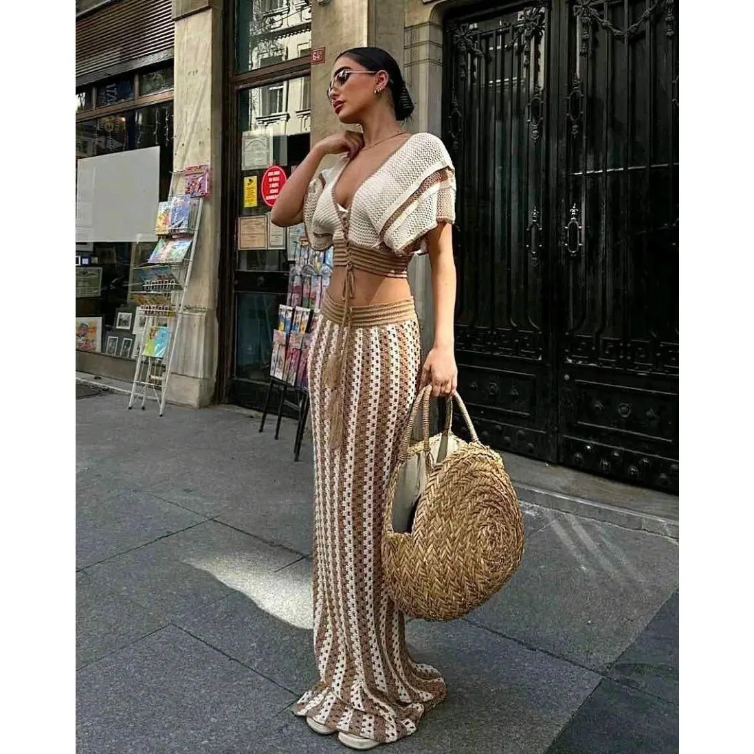 Women's 2-Piece Crochet Crop Top and Striped Maxi Skirt Set - Ideal for Vacations, Beaches, and Cruises, Perfect for Valentine's Day