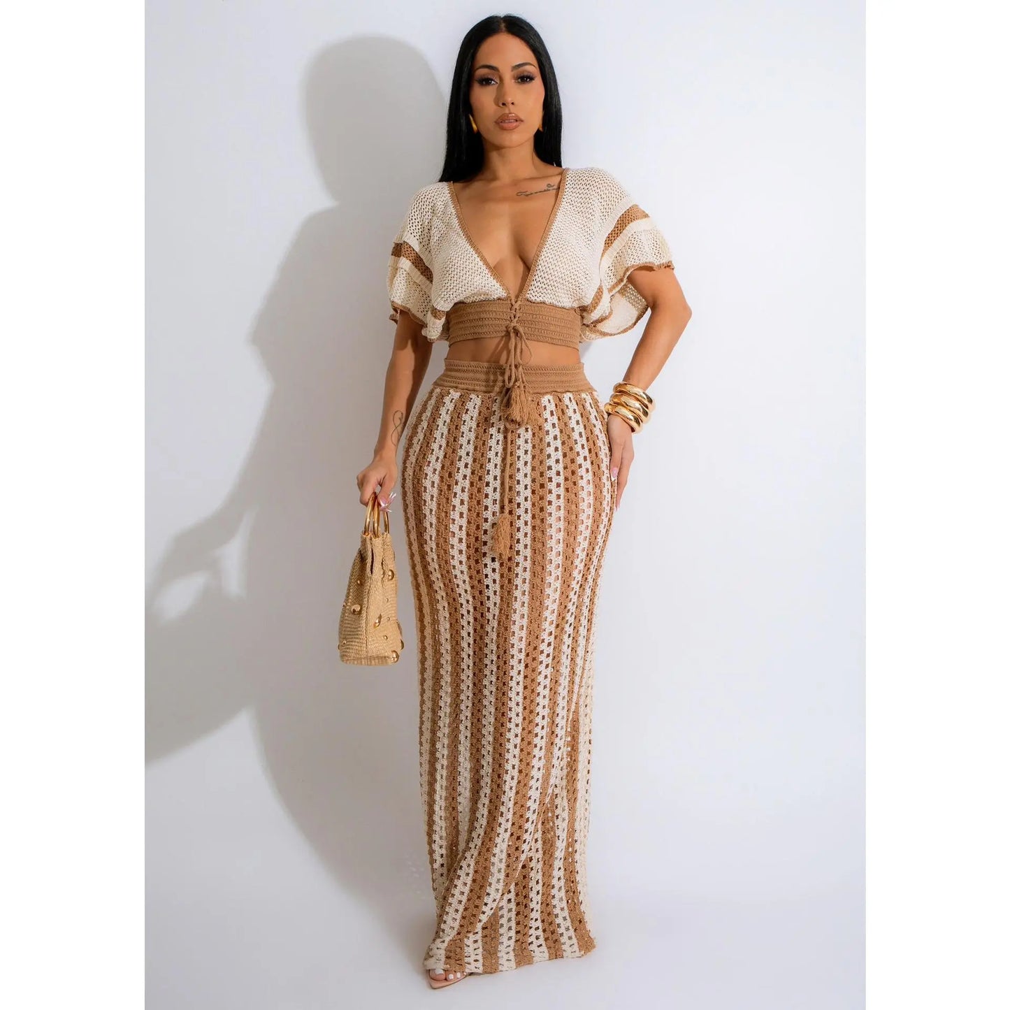 Women's 2-Piece Crochet Crop Top and Striped Maxi Skirt Set - Ideal for Vacations, Beaches, and Cruises, Perfect for Valentine's Day