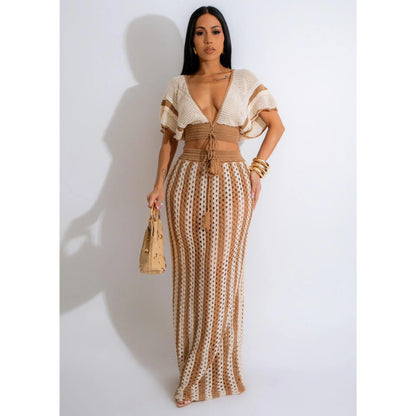 Women's 2-Piece Crochet Crop Top and Striped Maxi Skirt Set - Ideal for Vacations, Beaches, and Cruises, Perfect for Valentine's Day