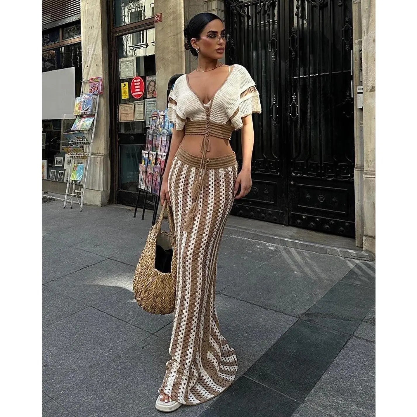 Women's 2-Piece Crochet Crop Top and Striped Maxi Skirt Set - Ideal for Vacations, Beaches, and Cruises, Perfect for Valentine's Day