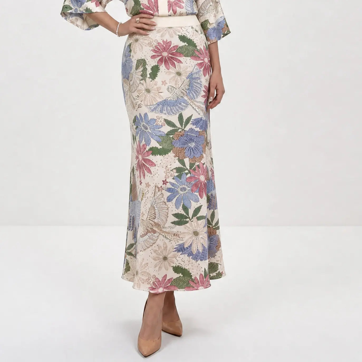 Likemychoice 2026 Women's Elegant Satin Floral Print 2-Piece Suit: V-Neck Button-Down Top and Midi Skirt Ensemble