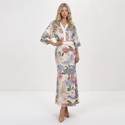 Likemychoice 2026 Women's Elegant Satin Floral Print 2-Piece Suit: V-Neck Button-Down Top and Midi Skirt Ensemble