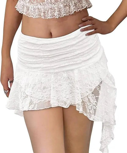 Yousify Women's Y2K Lace Mini Skirt - Low Rise Pleated Ruffle Layered Asymmetrical Design, Soft and Breathable Comfort