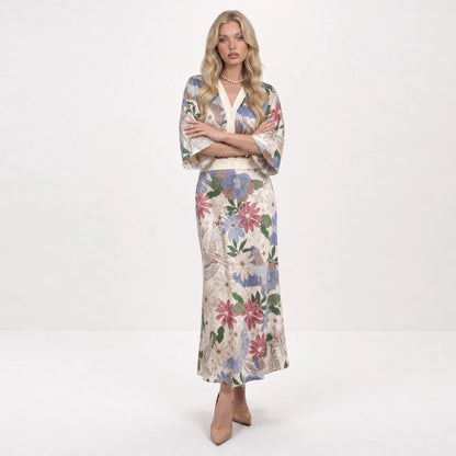 Likemychoice 2026 Women's Elegant Satin Floral Print 2-Piece Suit: V-Neck Button-Down Top and Midi Skirt Ensemble