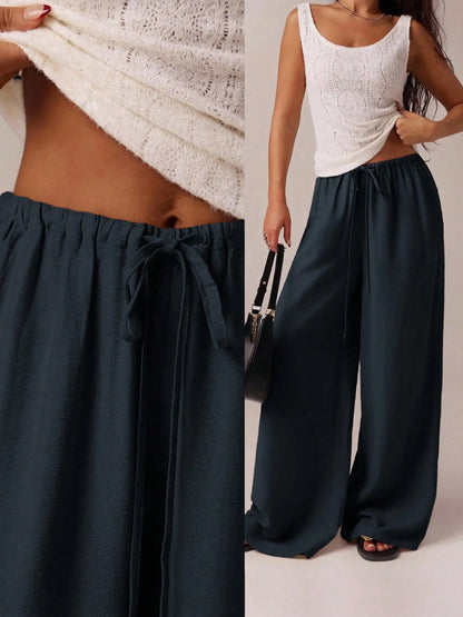 Women'S Solid Pocket Pants, Casual Comfy Wide Leg Trousers for Beach Vacation Holiday, Ladies Bottoms for All Seasons, Baggy Legged Pants