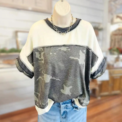 Sage Vell 100% Cotton Patchwork Camouflage Short Sleeve Casual T-Shirt with Color Block Design and Loose Fit