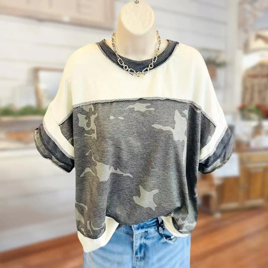 Sage Vell 100% Cotton Patchwork Camouflage Short Sleeve Casual T-Shirt with Color Block Design and Loose Fit