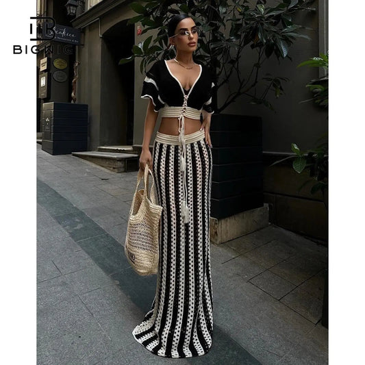 Women's 2-Piece Crochet Crop Top and Striped Maxi Skirt Set - Ideal for Vacations, Beaches, and Cruises, Perfect for Valentine's Day