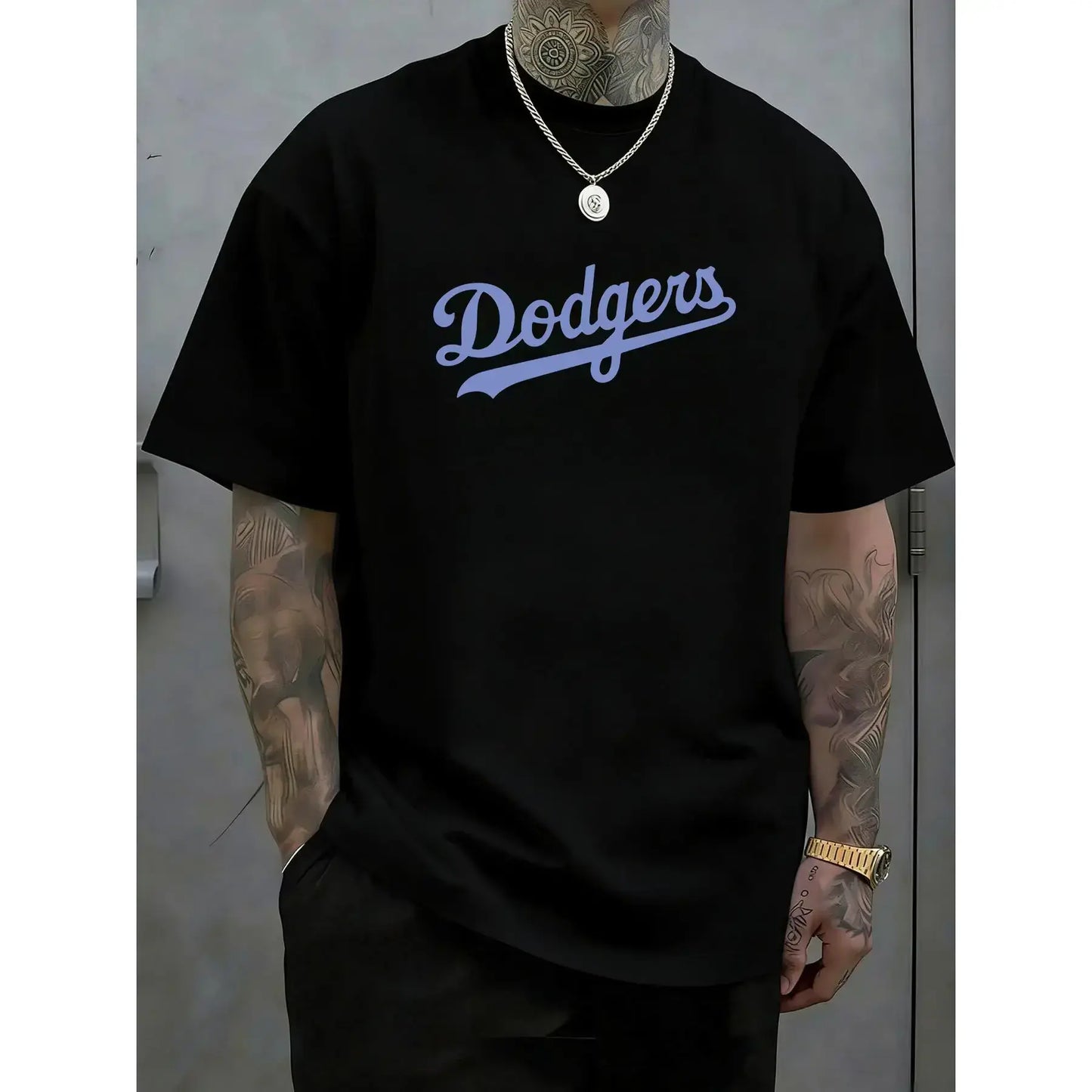 Men's Athletic Graphic Loose-Fit Short-Sleeve Round Neck T-Shirt - Blue Baseball-Style Casual Sportswear, Soft and Breathable Vintage-Inspired Summer Top