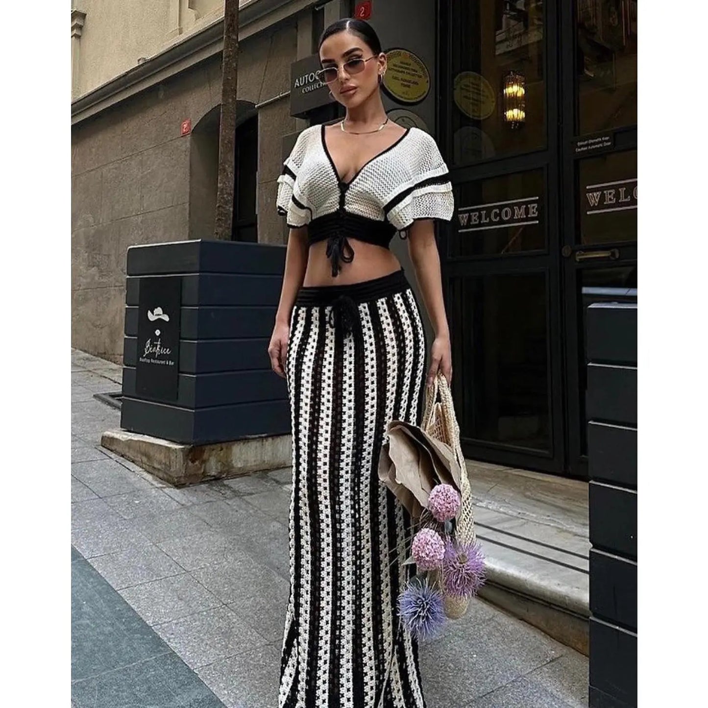 Women's 2-Piece Crochet Crop Top and Striped Maxi Skirt Set - Ideal for Vacations, Beaches, and Cruises, Perfect for Valentine's Day