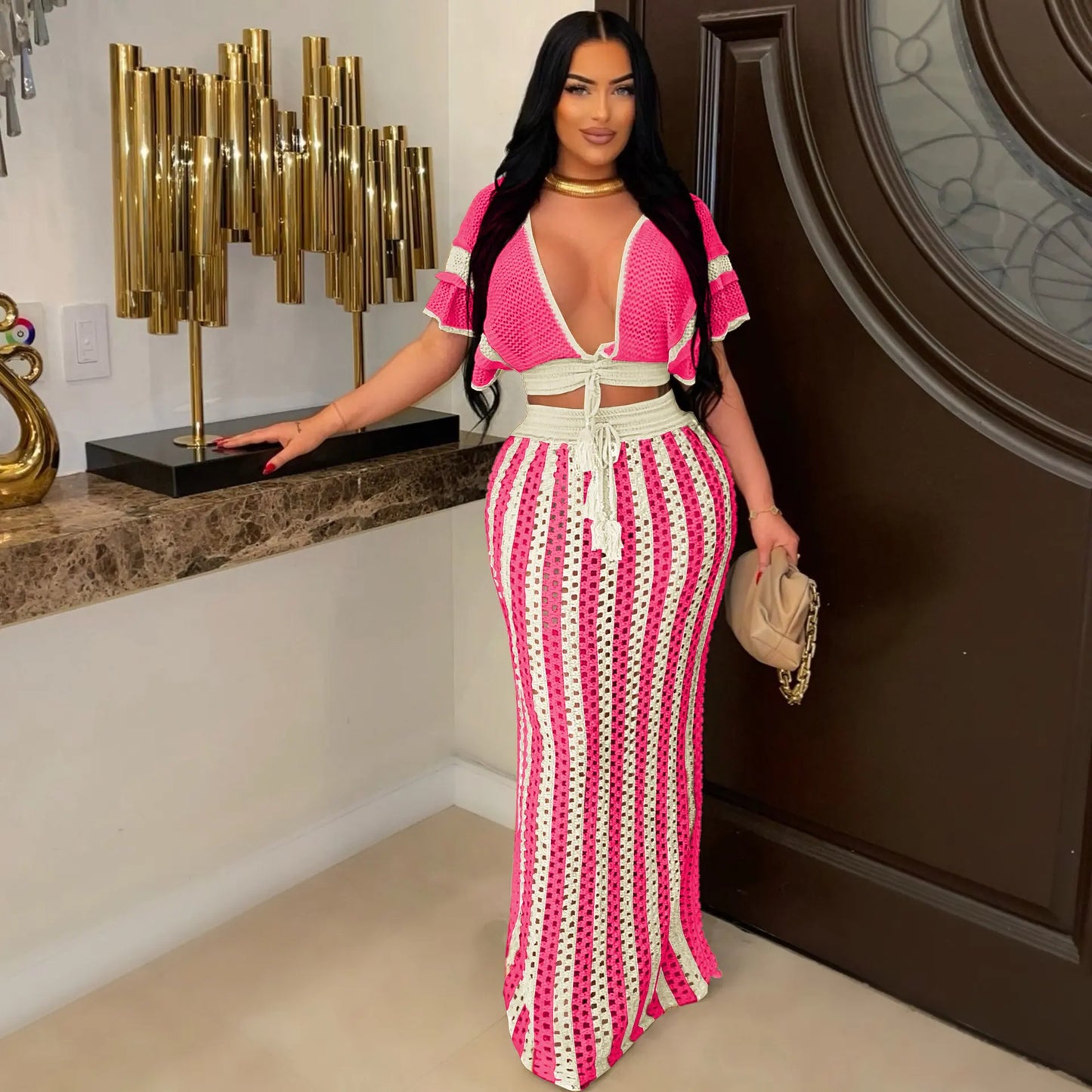 Women's 2-Piece Crochet Crop Top and Striped Maxi Skirt Set - Ideal for Vacations, Beaches, and Cruises, Perfect for Valentine's Day