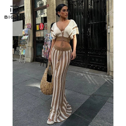 Women's 2-Piece Crochet Crop Top and Striped Maxi Skirt Set - Ideal for Vacations, Beaches, and Cruises, Perfect for Valentine's Day