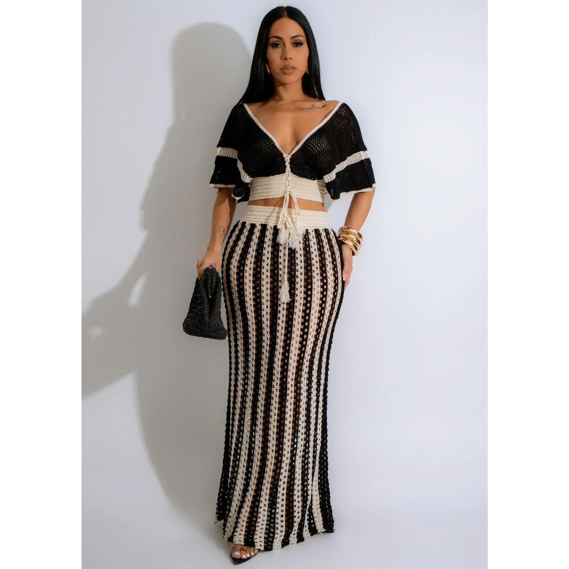 Women's 2-Piece Crochet Crop Top and Striped Maxi Skirt Set - Ideal for Vacations, Beaches, and Cruises, Perfect for Valentine's Day