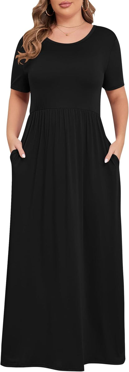 Women’S plus Size Maxi Dresses for Curvy Women Summer Casual Short Sleeve 2026 Long Dress 14W-26W