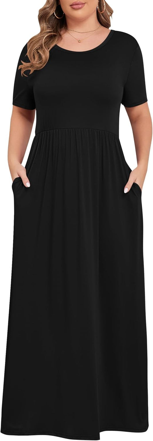 Women’S plus Size Maxi Dresses for Curvy Women Summer Casual Short Sleeve 2026 Long Dress 14W-26W