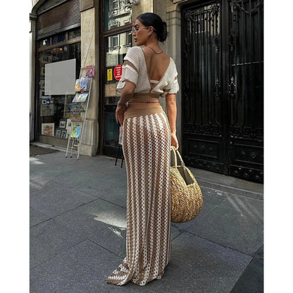 Women's 2-Piece Crochet Crop Top and Striped Maxi Skirt Set - Ideal for Vacations, Beaches, and Cruises, Perfect for Valentine's Day