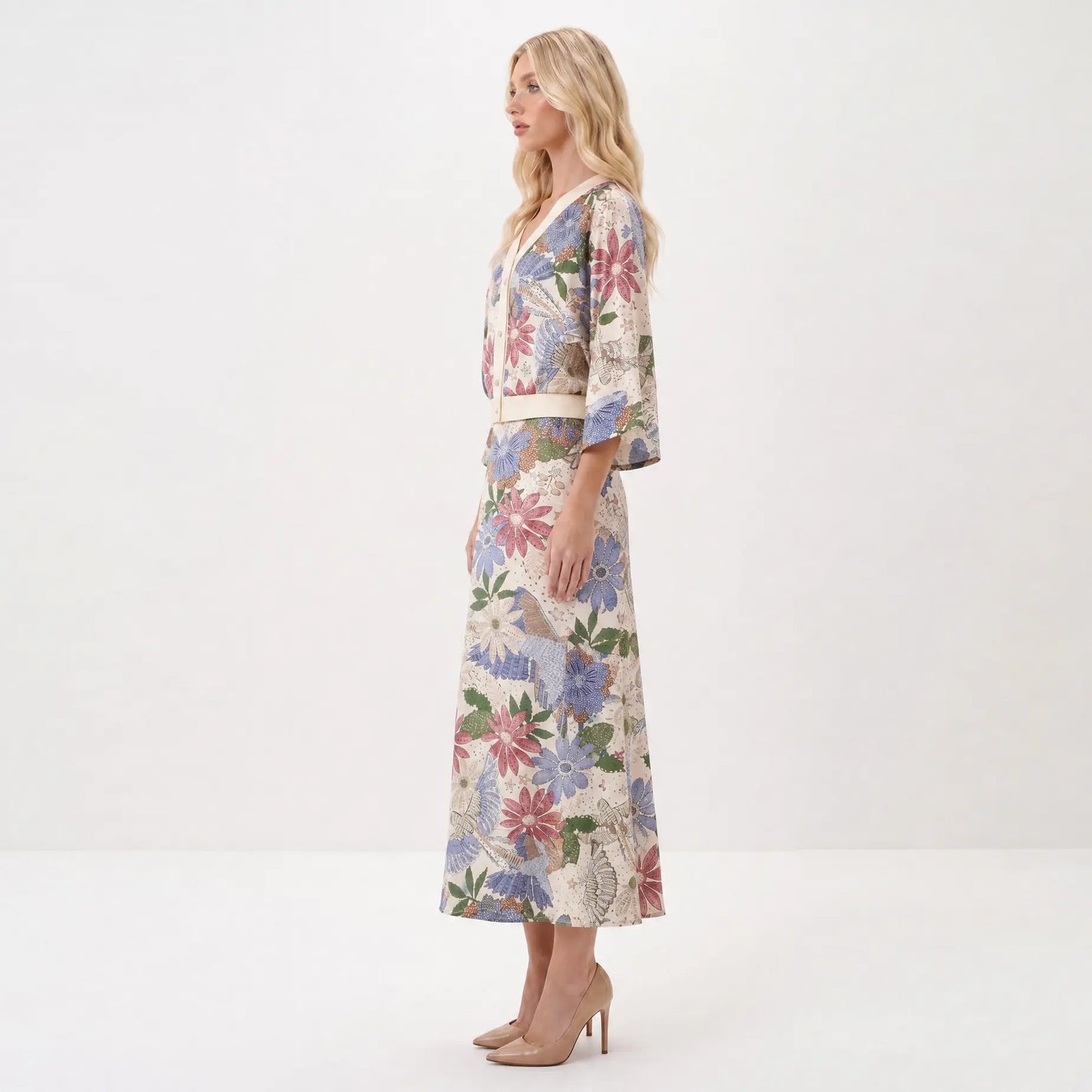 Likemychoice 2026 Women's Elegant Satin Floral Print 2-Piece Suit: V-Neck Button-Down Top and Midi Skirt Ensemble