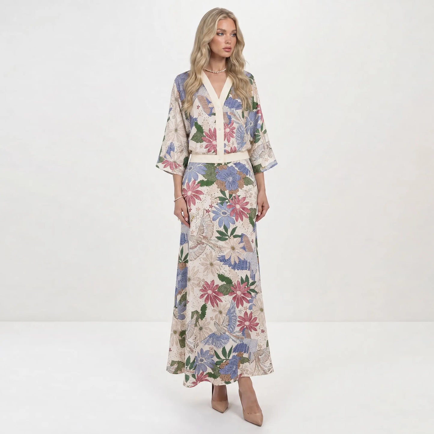Likemychoice 2026 Women's Elegant Satin Floral Print 2-Piece Suit: V-Neck Button-Down Top and Midi Skirt Ensemble