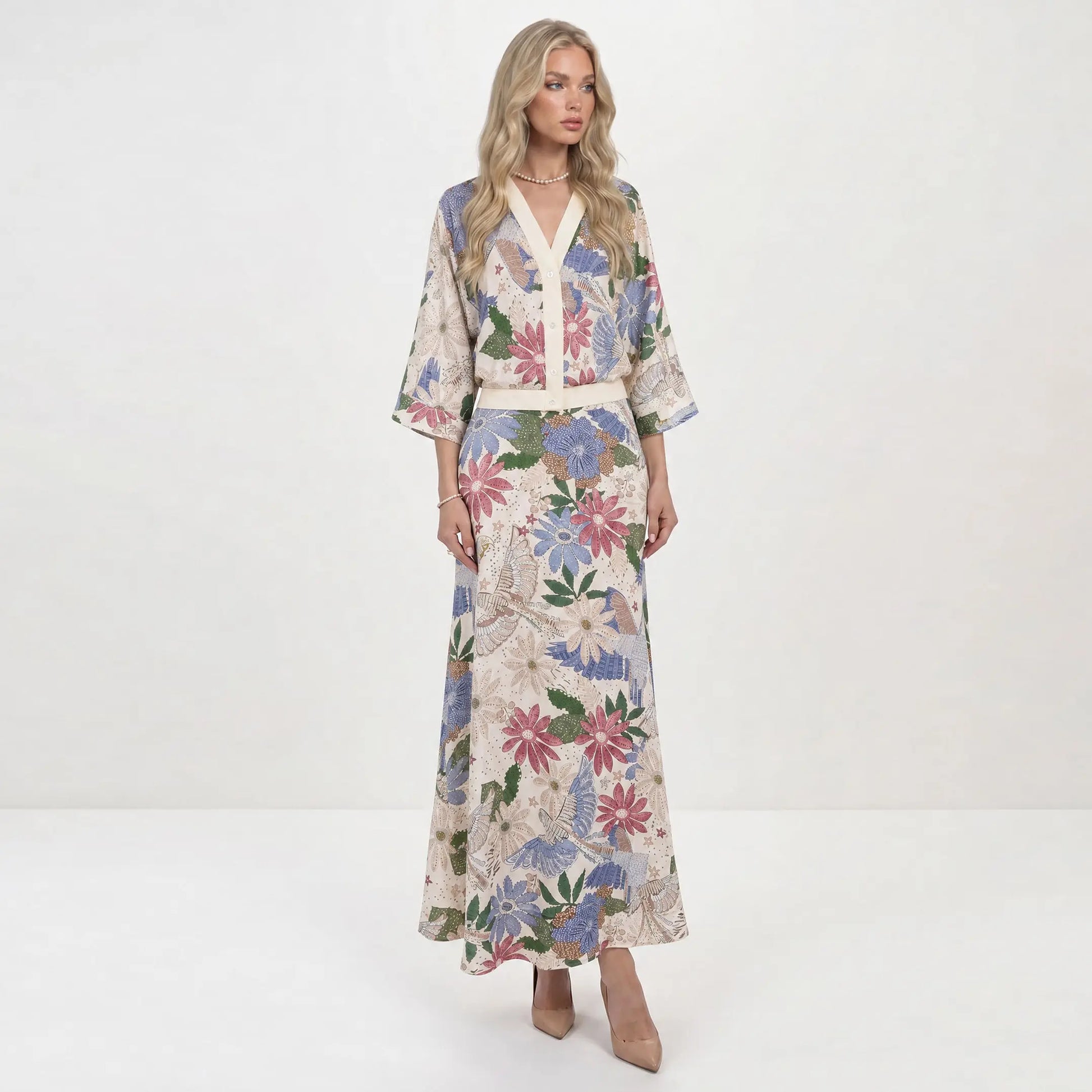Likemychoice 2026 Women's Elegant Satin Floral Print 2-Piece Suit: V-Neck Button-Down Top and Midi Skirt Ensemble