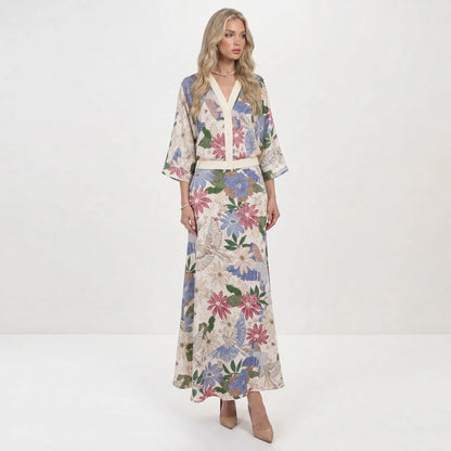 Likemychoice 2026 Women's Elegant Satin Floral Print 2-Piece Suit: V-Neck Button-Down Top and Midi Skirt Ensemble