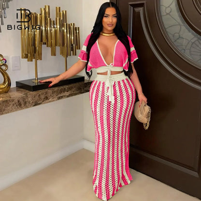 Women's 2-Piece Crochet Crop Top and Striped Maxi Skirt Set - Ideal for Vacations, Beaches, and Cruises, Perfect for Valentine's Day