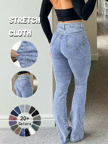 GILIPUR Y2K Women'S High Waist Flare Leg Jeans, Casual Button Fly Pocket Design Bell Bottom Denim Pants, Women'S Bottoms for Daily Wear, Kardashian Style, 000 Jeans, Light Wash, Flared Leg Jeans, Womenswear