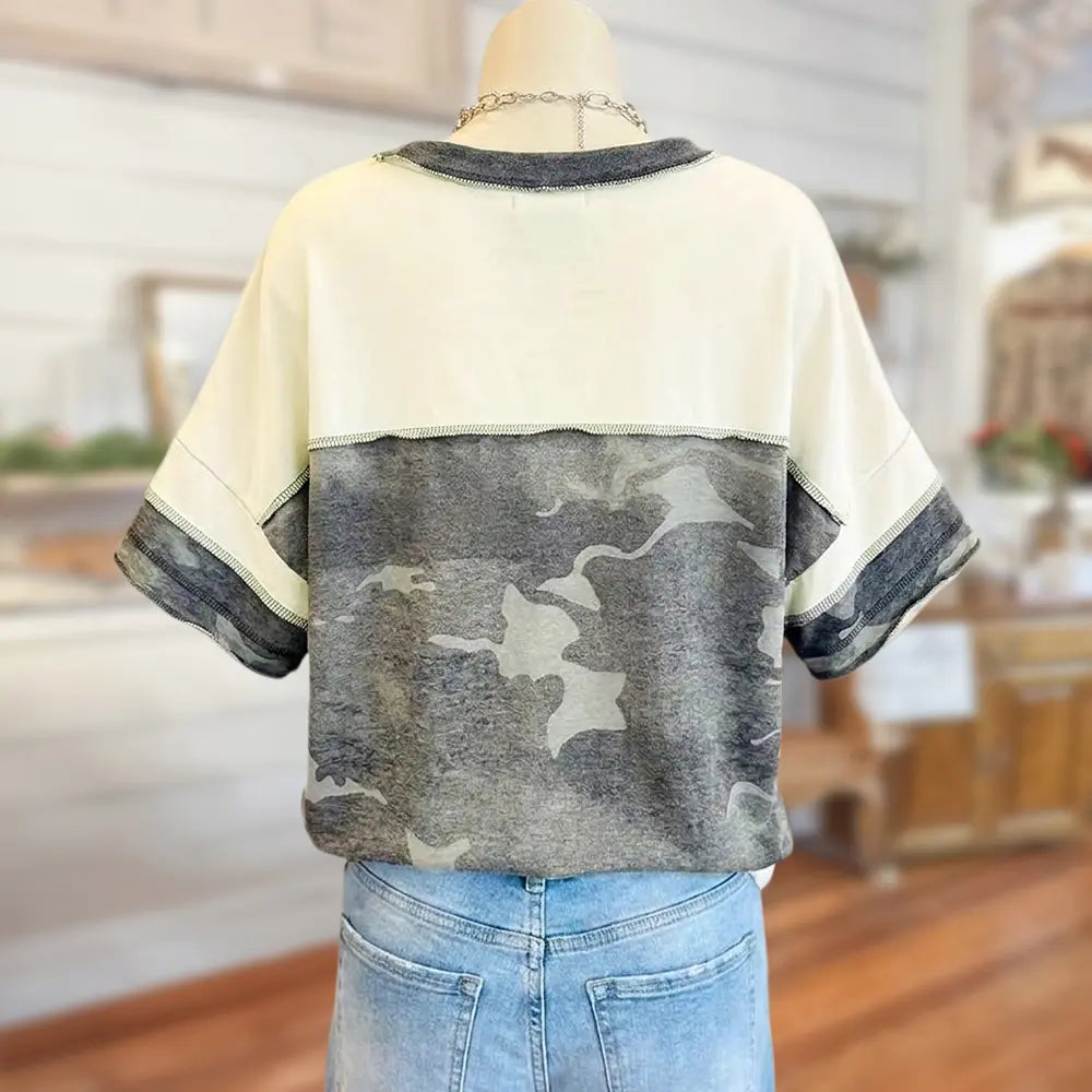 Sage Vell 100% Cotton Patchwork Camouflage Short Sleeve Casual T-Shirt with Color Block Design and Loose Fit