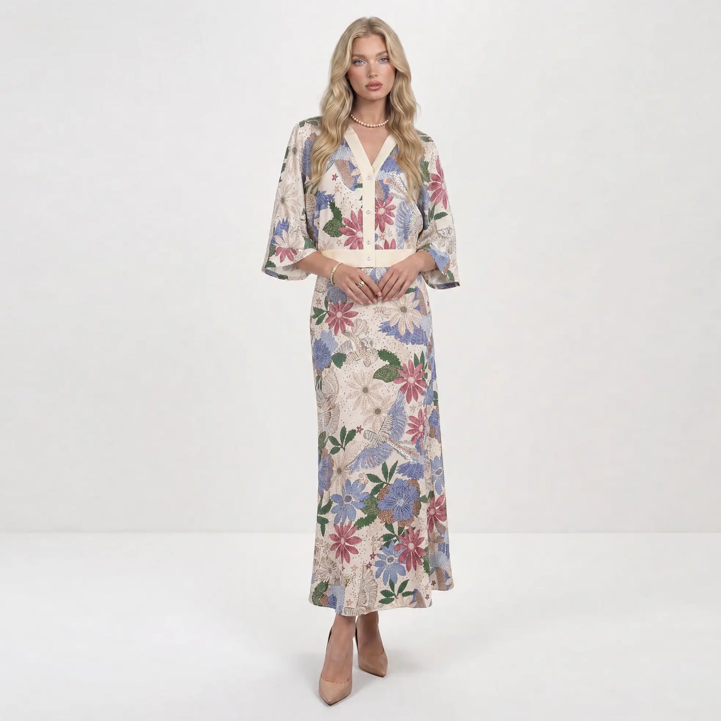 Likemychoice 2026 Women's Elegant Satin Floral Print 2-Piece Suit: V-Neck Button-Down Top and Midi Skirt Ensemble