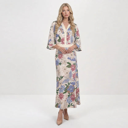 Likemychoice 2026 Women's Elegant Satin Floral Print 2-Piece Suit: V-Neck Button-Down Top and Midi Skirt Ensemble